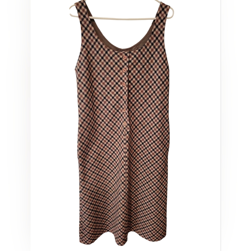 Women’s Brown Plaid Midi Dress - Sleeveless Tank Style